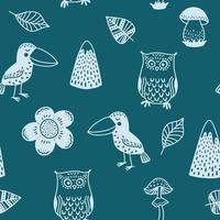 mignonne des gamins scandinave sans couture modèle avec marrant des oiseaux. corbeau, hibou, champignons, montagnes et feuilles. dessin animé illustration avec griffonnages pour bébé douche, garderie décor, enfants conception. vecteur. vecteur