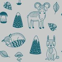 mignonne des gamins scandinave sans couture modèle avec marrant animaux. lapin, mouton, les forêts, montagnes et champignons. dessin animé illustration avec griffonnages pour bébé douche, garderie décor, les enfants conception. vecteur. vecteur