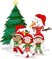 Les enfants portent un personnage de dessin animé de costume de Noël avec bonhomme de neige sur fond blanc vecteur