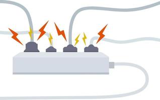 circuit électrique. choc, éclair rouge et étincelles jaunes de la prise. connecteur et fiche. surcharge du système. le problème avec l'appareil. situation d'incendie avec fumée et sécurité. vecteur