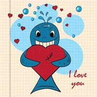 illustration pour enfants couleur avec petit coeur étreignant de baleine vecteur