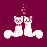 une couple de deux blanc chats dans l'amour sur bordeaux Contexte pour Valentin jour, mignonne dessin animé personnage, vecteur des illustrations dans plat style