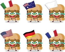 Hamburger dessin animé personnage apporter le drapeaux de divers des pays vecteur