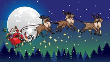 Père Noël balade traîneau tiré par le sien rennes en volant plus de le nuit vecteur