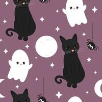 mignonne marrant Halloween sans couture vecteur modèle illustration avec dessin animé personnage noir chats, fantôme, araignées, lune et étoiles sur violet Contexte