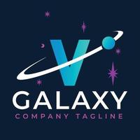 galaxie modèle sur v lettre. planète logo conception concept vecteur