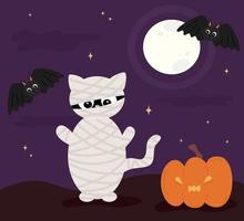 mignonne dessin animé Halloween vecteur Contexte illustration avec Momie chat, citrouille et chauves-souris