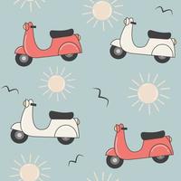 mignonne dessin animé abstrait scooter sans couture vecteur modèle Contexte illustration avec Soleil et des oiseaux silhouette