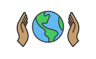 main en portant planète Terre, linéaire vecteur icône. enregistrer le planète. Terre journée symbole. monde environnement conservation.