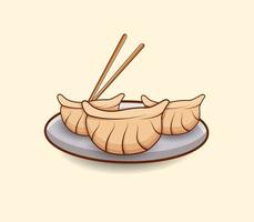 jiaozi vecteur illustration ensemble, de haute qualité baguettes assiette bol légume jiaozi boulette vapeur bambou minimal repas savoureux menu délicieux nourriture isolé illustration.