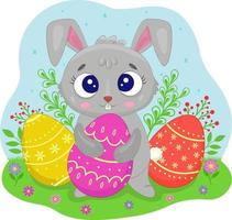 marrant Pâques lapin avec des œufs vecteur dessin animé illustration isolé dans le Contexte. vecteur illustration.