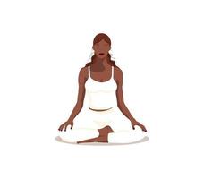 yoga peau foncée fille. une peau foncée fille Est-ce que yoga dans le lotus position sur une blanc Contexte. le concept de méditation, yoga et une en bonne santé mode de vie. sans visage style. vecteur illustration.