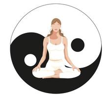 yoga fille. le fille Est-ce que yoga dans le lotus position contre le Contexte de le yin et Yang symbole. une symbole de Justice et équilibre. le concept de équilibre, méditation et yoga. sans visage style. vecteur