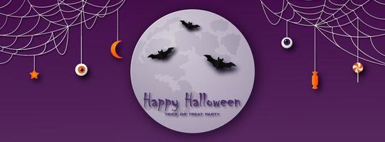 content Halloween salutation carte dans papier Couper style. lune, chauves-souris et toiles d'araignées sur une violet Contexte. vecteur