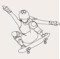 minimaliste faire de la planche à roulettes ligne art, extrême sport, femelle patineur athlète esquisser, contour dessin, fille vecteur