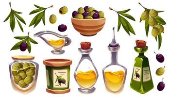 nourriture Icônes avec olive, pétrole dans bouteilles et feuilles vecteur