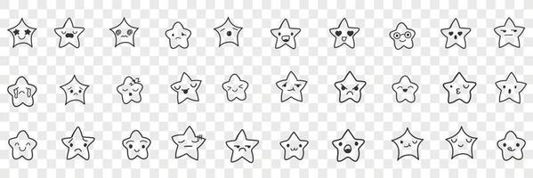 étoiles avec emoji visages griffonnage ensemble. collection de main tiré mignonne marrant étoiles avec positif et négatif faciale expressions émoticône isolé sur transparent Contexte vecteur