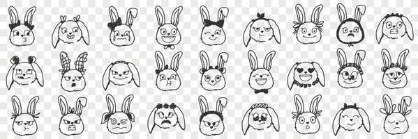 lapin visages expressions griffonnage ensemble. collection de main tiré divers positif et négatif expressions de lapin animaux visages muselières isolé sur transparent Contexte vecteur