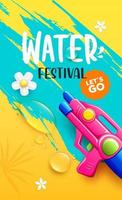 Songkran l'eau pistolet Festival Thaïlande, l'eau laissez tomber et fleur, prospectus affiche conception sur Jaune et bleu arrière-plan, eps dix vecteur illustration