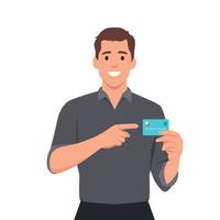 homme montrant ou en portant crédit ou débit carte inséré pos Terminal Paiement carte glisser machine et montrer du doigt main. paiement, achat, vente, achats vecteur