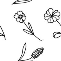 fleur sans couture en tissu modèle. Facile floral élément plante décoratif conception. main tiré ligne art. contour griffonnage plat style. Créatif esquisser. vecteur illustration isolé sur blanc Contexte.