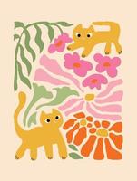 matisse art Contexte vecteur. abstrait Naturel main tiré modèle conception avec fleur, feuilles, mignonne chat. Facile contemporain style illustré conception pour tissu, imprimer, couverture, bannière, fond d'écran. vecteur