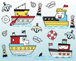 vecteur illustration de main tiré marrant bateau dessin animé avec voile éléments dessin animé