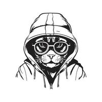 cool chat portant lunettes et sweatshirt à capuche, vecteur concept numérique art, main tiré illustration