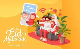 eid mubarak musulman famille vidéo appel avec leur aînés dans bonheur vecteur