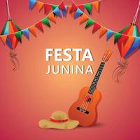 illustration vectorielle festa junina de guitare et drapeau coloré et lanterne en papier vecteur