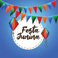 illustration de festa junina avec drapeau de fête coloré et lanterne en papier sur fond créatif vecteur