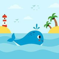 vecteur illustration de dessin animé mignonne baleine dans mer. Marin vie.