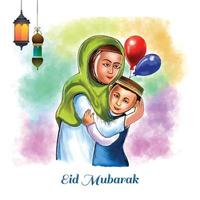 musulman femmes et des gamins gens étreindre et souhaitant eid mubarak fête Contexte vecteur