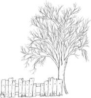 esquisser de une arbre avec une clôture isolé sur blanc Contexte vecteur