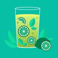 icône, autocollant, illustration. verre avec citron vert et menthe cocktail avec bulles sur bleu Contexte. été, cocktail, fruit vecteur