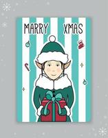 Noël carte avec un elfe. le elfe est en portant une cadeau. rayé salutation carte. vecteur illustration.