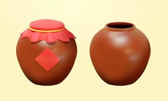 3d marron céramique du vin pots vu de le devant, un avec étiquette et couverture et le autre un sans. chinois antique éléments pour duanwu Festival isolé sur Jaune Contexte vecteur