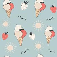 mignonne dessin animé abstrait rouge et blanc la glace crème et des fraises sans couture vecteur modèle Contexte illustration avec Soleil et des oiseaux silhouette