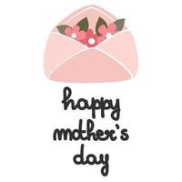 mignonne dessin animé main tiré caractères content de la mère journée texte vecteur salutation carte illustration avec enveloppe avec fleurs