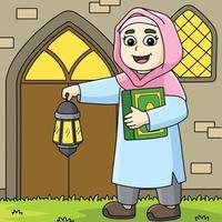 Ramadan musulman fille avec coran coloré dessin animé vecteur