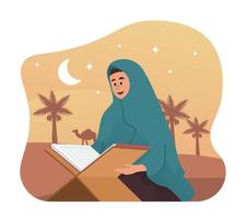 musulman femme en train de lire saint coran. Ramadan kareem plat dessin animé illustration vecteur