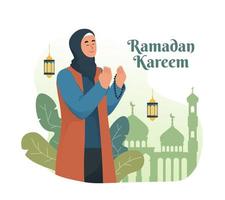 musulman femme prier tandis que en portant chapelet perles vecteur