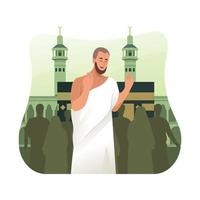 hajj pèlerin dans ihram vêtements prier dans de face de kaaba vecteur