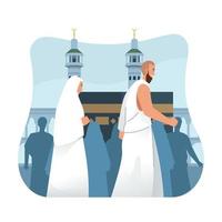 hajj pèlerins effectuer tawaf. hajj ou umrah avec plat dessin animé personnage illustration vecteur