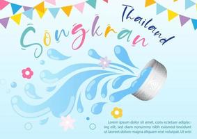 affiche de Songkran Festival dans l'eau éclabousser et argent bol avec Triangle drapeaux, exemple des textes sur pente bleu Contexte. vecteur