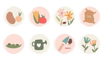 vecteur ensemble de logo conception modèles, Icônes et badges pour social médias surligner avec mignonne végétaux, fleurs, des légumes et jardinage éléments