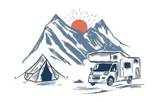 moteur maison, Montagne paysage, camping dans nature, main tiré style vecteur illustrations.