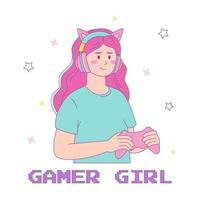 mignonne joueur fille avec manette de jeu portant écouteurs chat. vecteur kawaii illustration