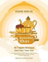 Ramadan iftar prospectus affiche avec illustration de une bouilloire, tasse et bol de Rendez-vous vecteur