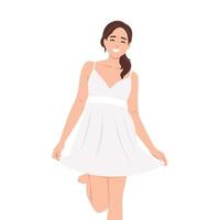 magnifique souriant femelle modèle dans blanc court robe vecteur illustration mode femme portant blanc pyjama robe